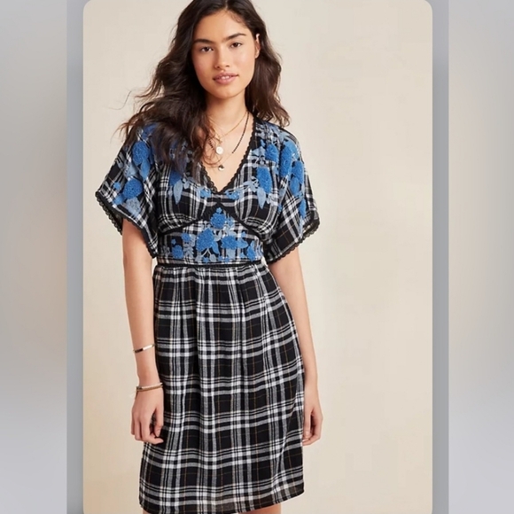 Anthropologie Dresses & Skirts - Anthropologie Black And White Plaid Dress With Blue Embroidery